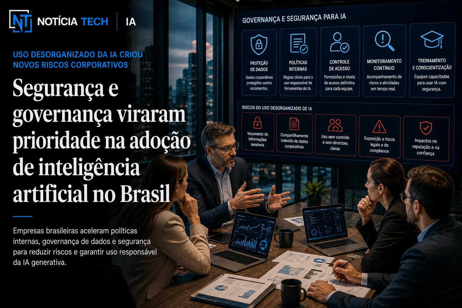 Equipe corporativa analisando políticas de segurança para IA