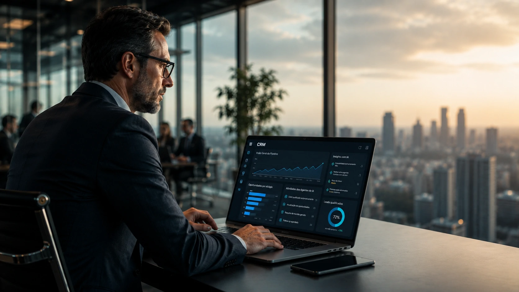 AI-powered CRM dashboard with autonomous agents analyzing customer data