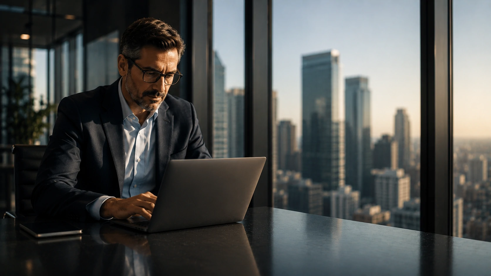 Executivos analisando fluxos de dados corporativos conectados por inteligência artificial