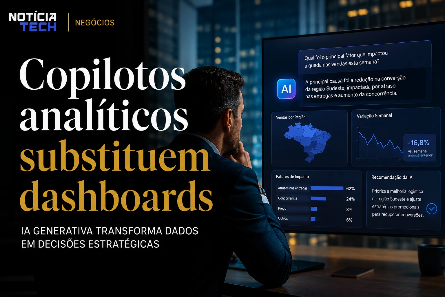 Executivos analisando painel futurista com IA generativa interpretando dados corporativos em tempo real