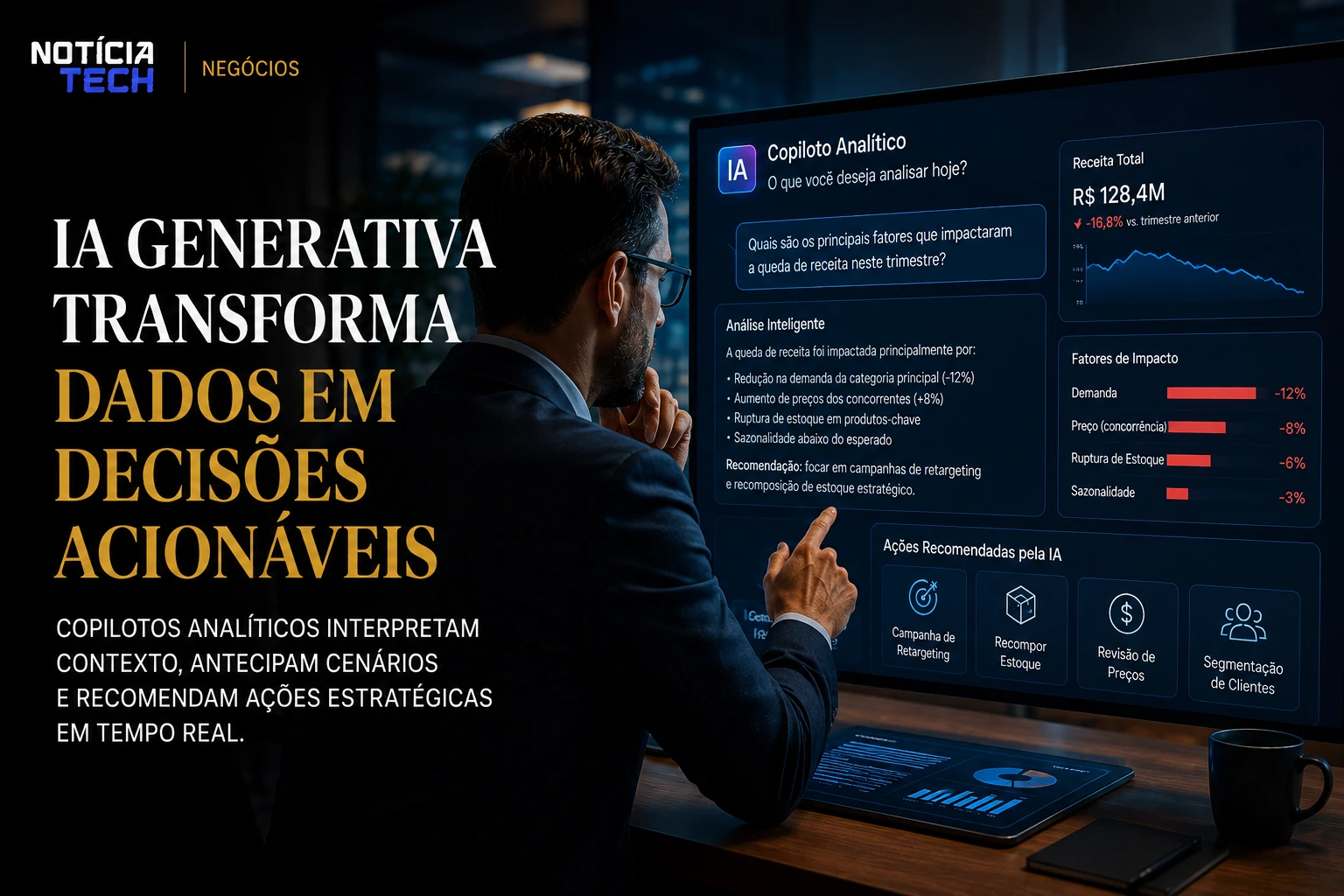 Executivo utilizando copiloto analítico baseado em IA para interpretar indicadores estratégicos