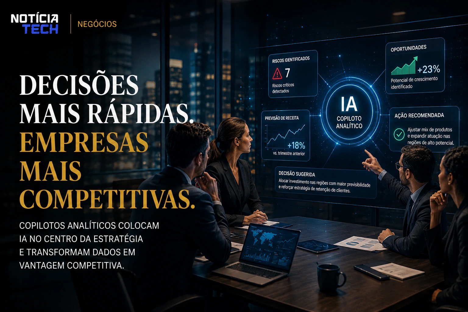 Ambiente corporativo moderno utilizando inteligência artificial para decisões executivas em tempo real