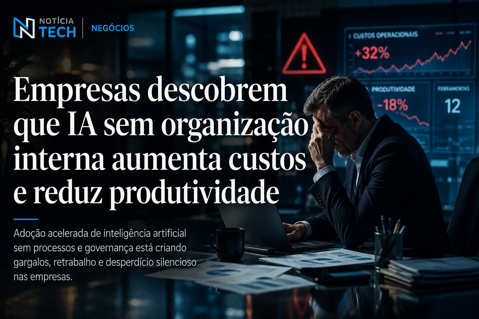 Executivos analisando falhas operacionais causadas por adoção desorganizada de inteligência artificial nas empresas