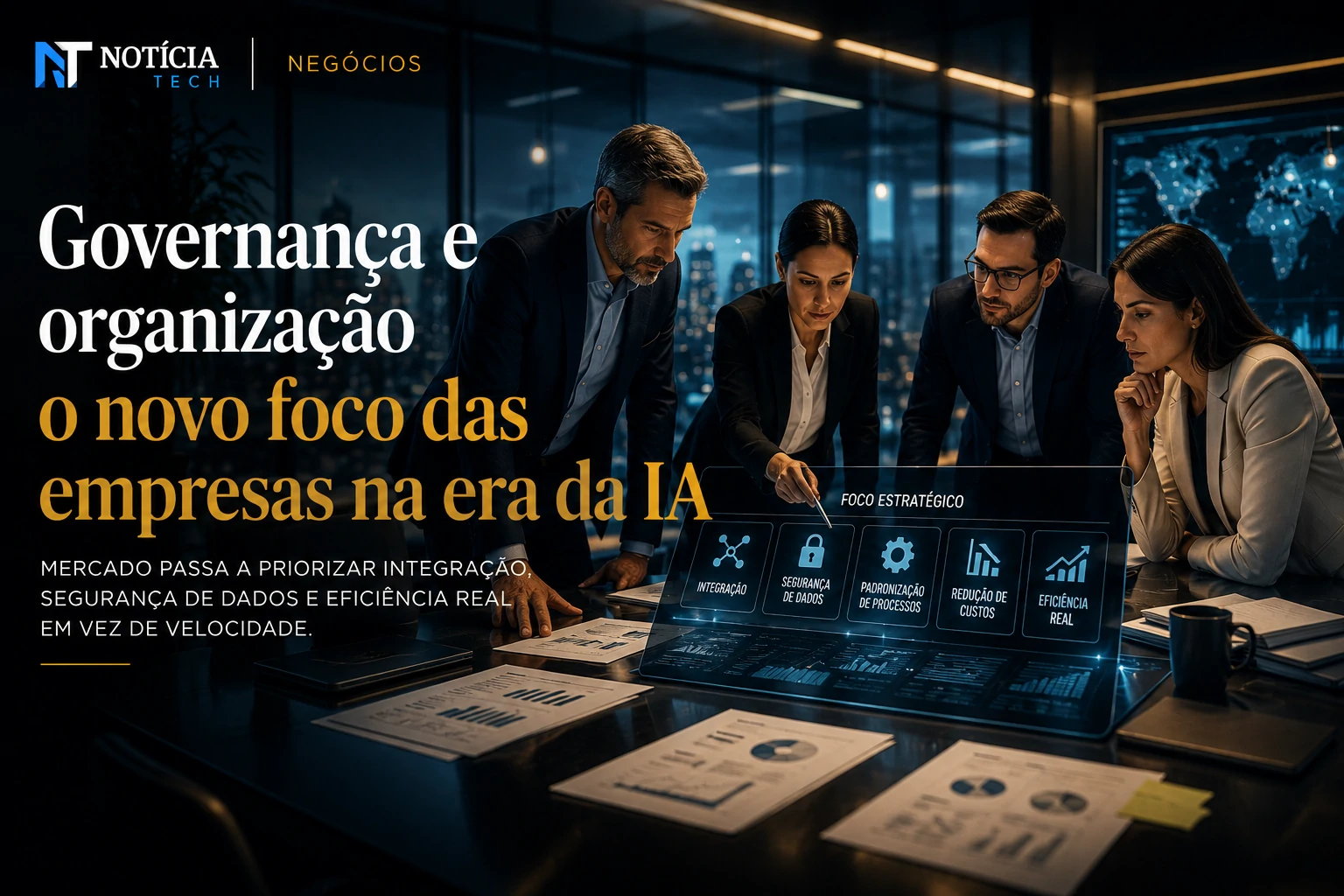Executivos corporativos reorganizando estruturas internas para integrar IA de forma estratégica Executivos corporativos reorganizando estruturas internas para integrar IA de forma estratégica