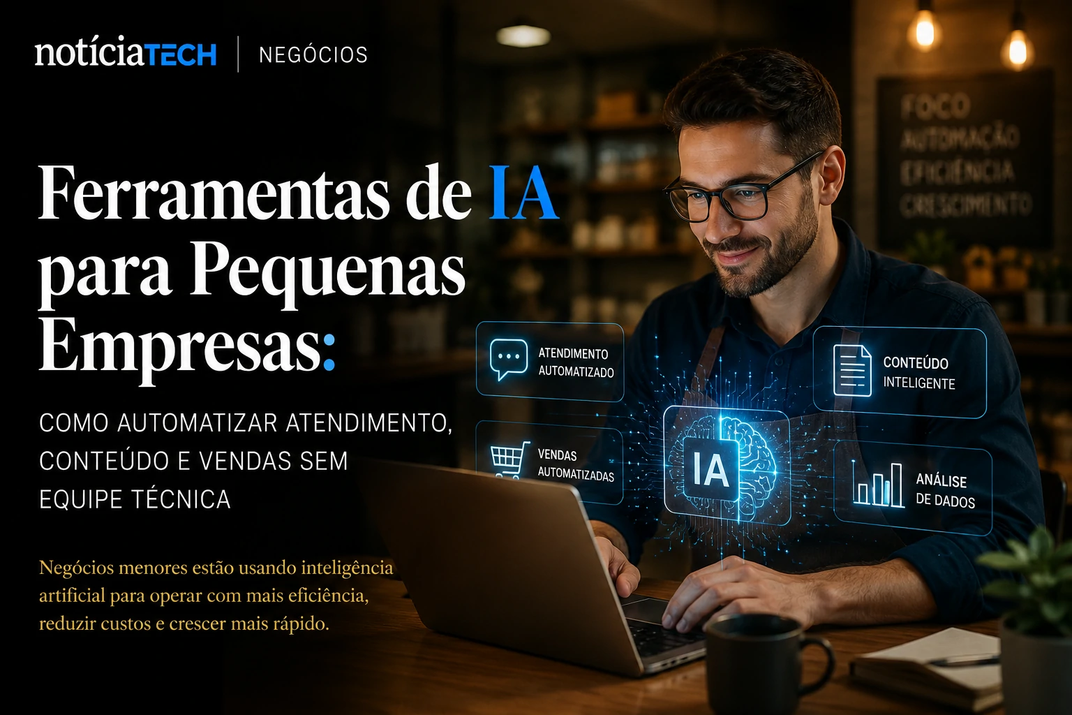 Empresário utilizando ferramentas de inteligência artificial para automatizar operações de uma pequena empresa