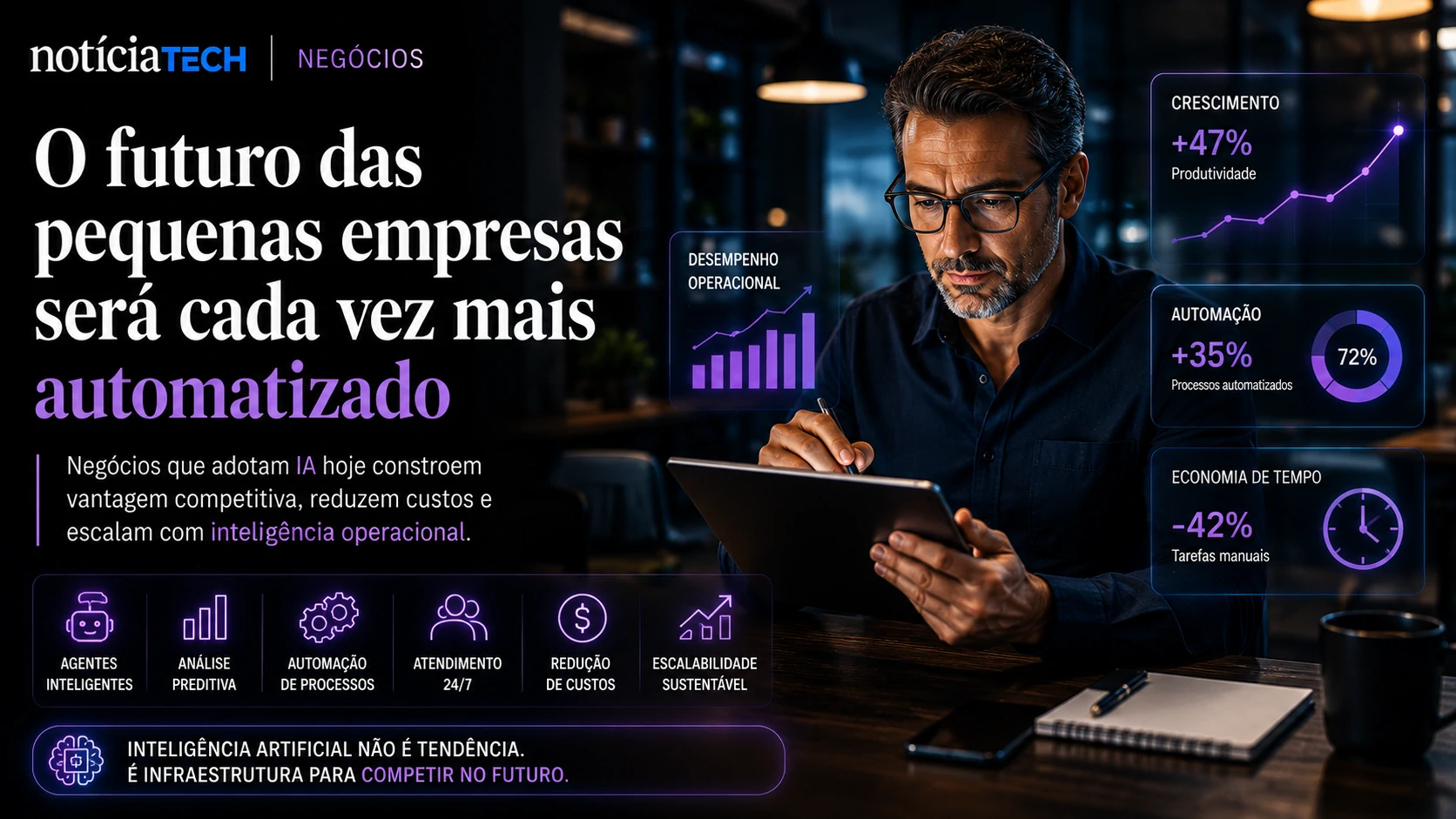 Empresário analisando dashboards de IA e automação