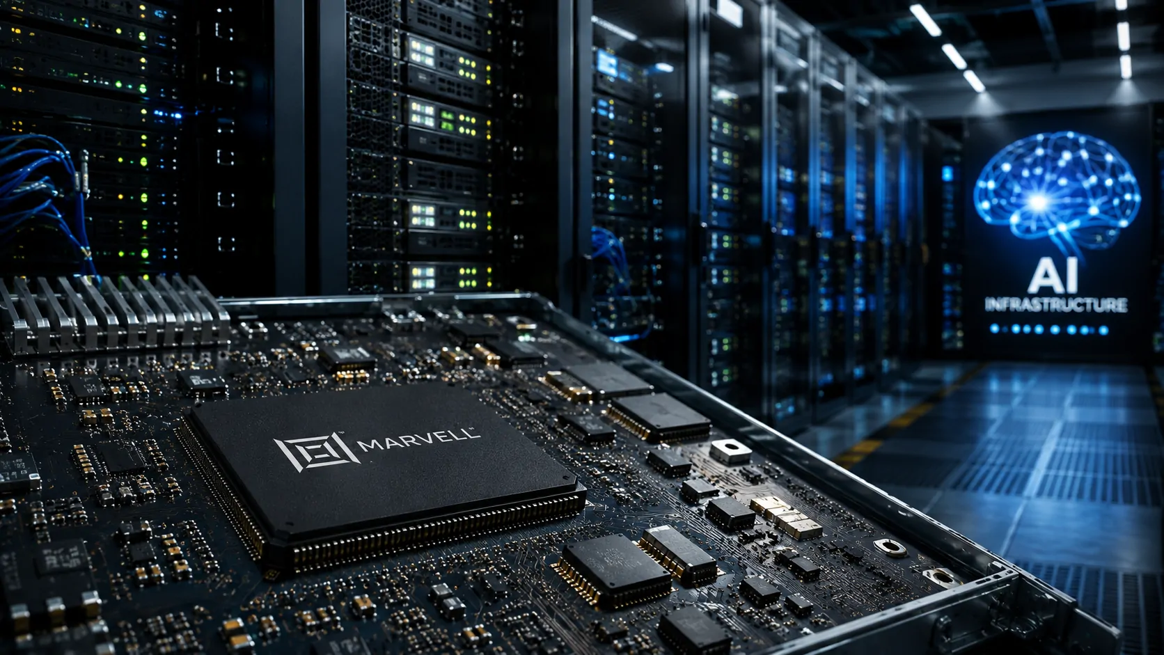 Data center with server racks and a representation of custom artificial intelligence chips