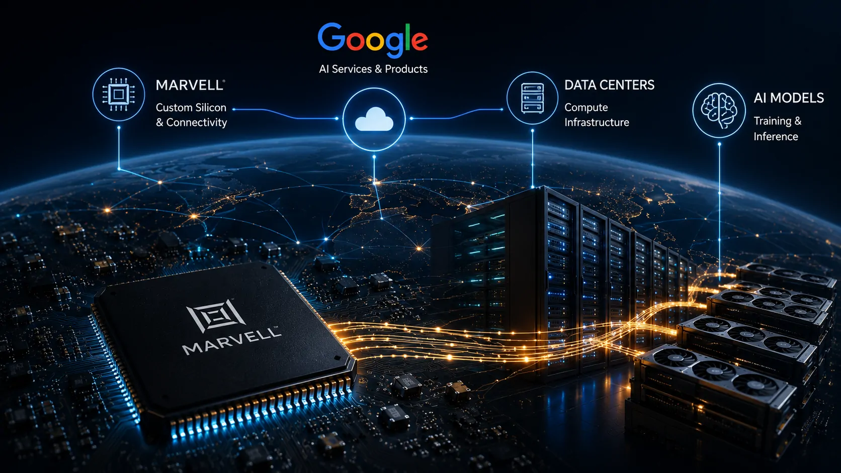 Representation of a global AI infrastructure chain connecting Google, Marvell, data centers and custom chips