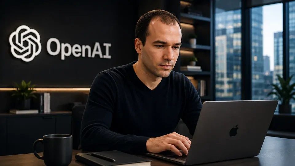 Greg Brockman representado como liderança técnica e estratégica diante de uma grande estrutura de inteligência artificial
