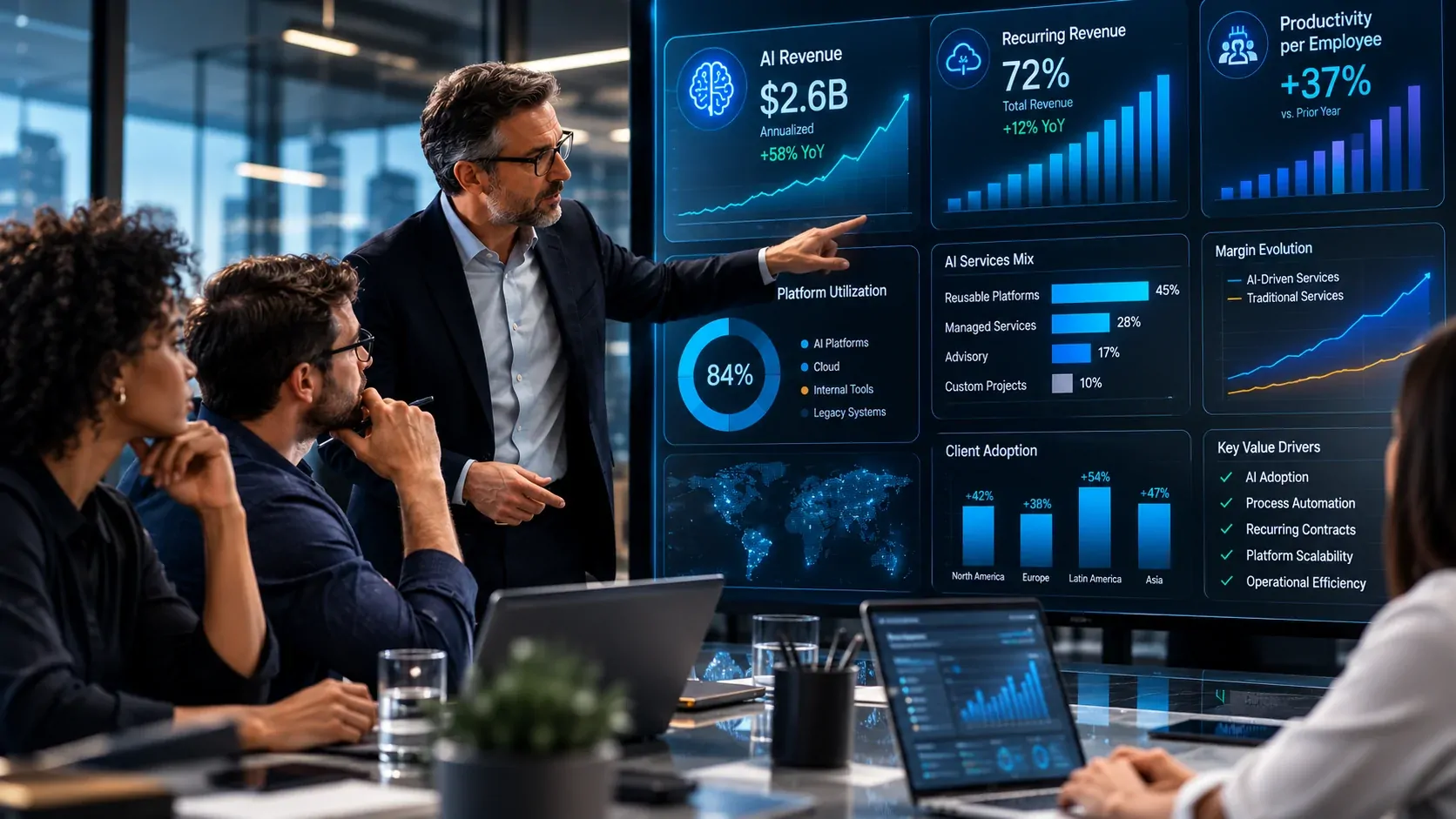 Executives analyzing technology company performance metrics in a corporate environment powered by artificial intelligence