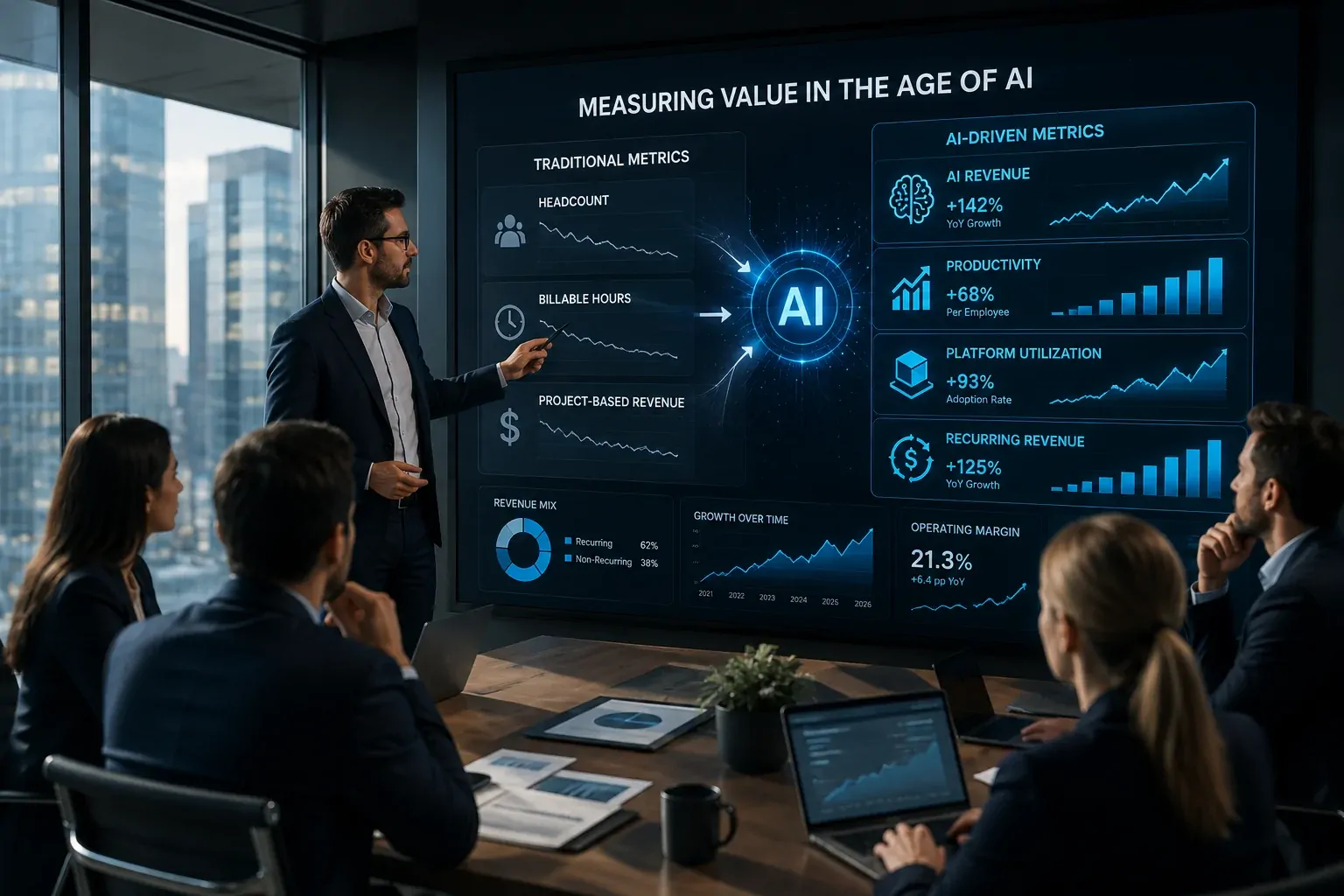 Executives analyzing a dashboard of AI, recurring revenue, and productivity metrics at a technology company