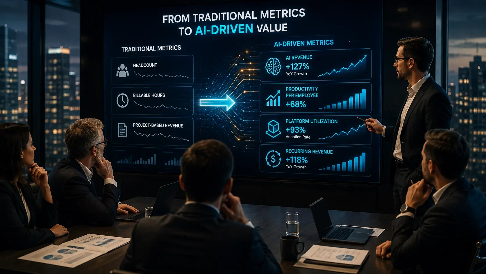 Executives evaluating revenue, productivity, and growth metrics in a meeting focused on AI strategy