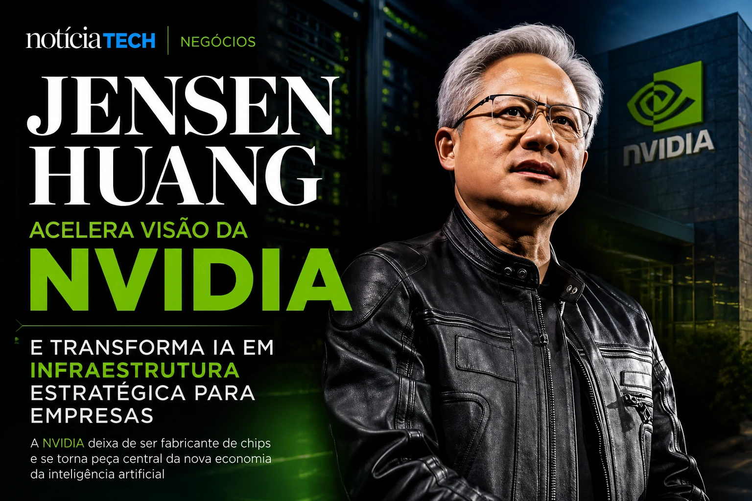 Jensen Huang em ambiente corporativo futurista representando a expansão da NVIDIA na infraestrutura de IA empresarial