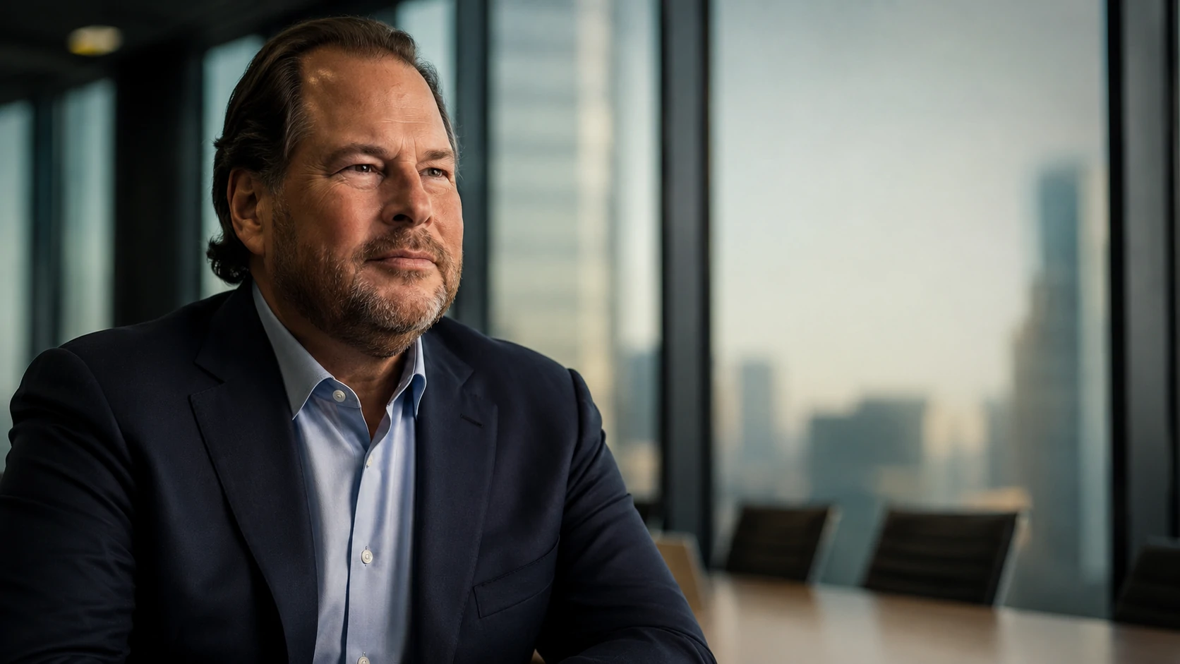 Marc Benioff durante evento corporativo discutindo agentes de IA e transformação empresarial