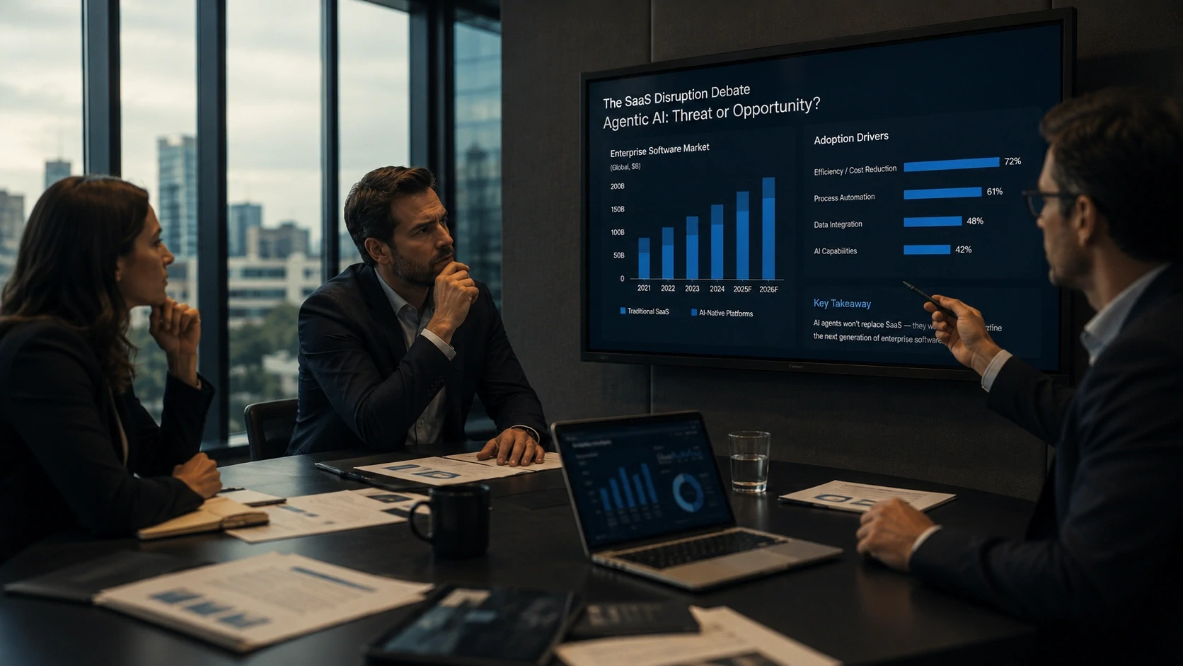 Executivos debatendo o futuro do software corporativo na era da IA
