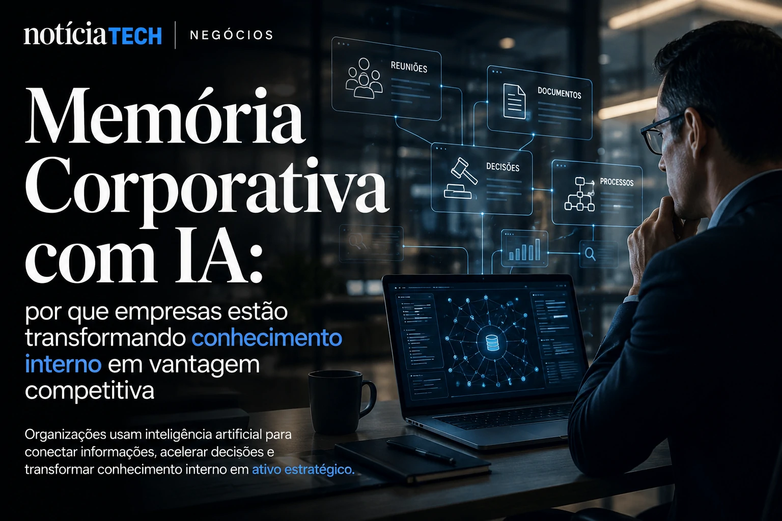 Executivos analisando sistema de memória corporativa alimentado por inteligência artificial