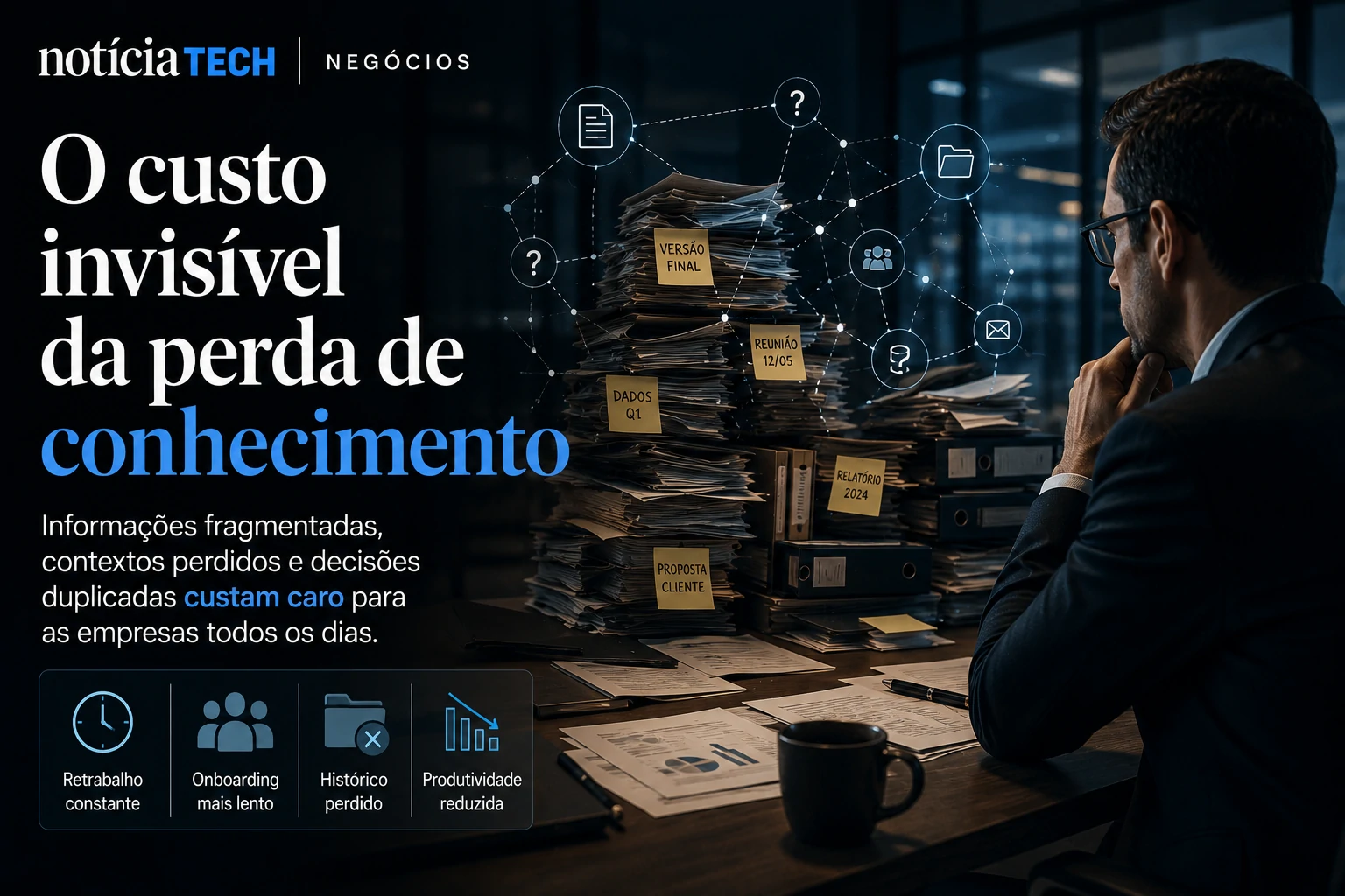 Executivos analisando perda de conhecimento interno em sistemas corporativos
