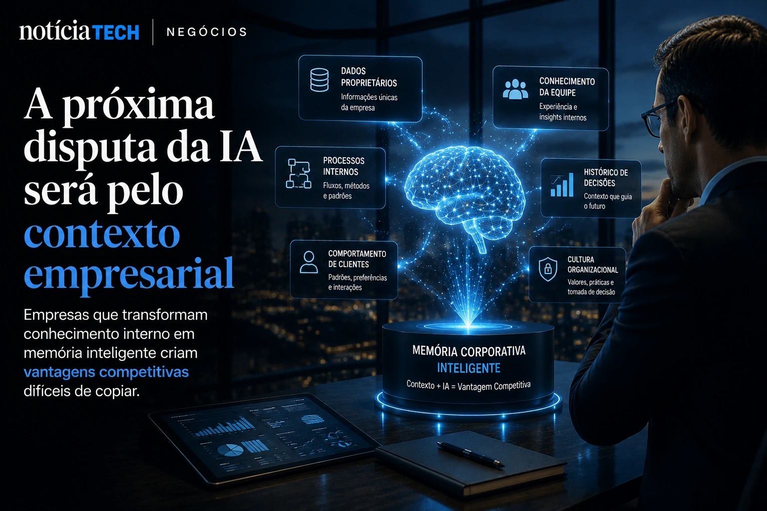 Infraestrutura de IA corporativa conectando dados, reuniões e decisões