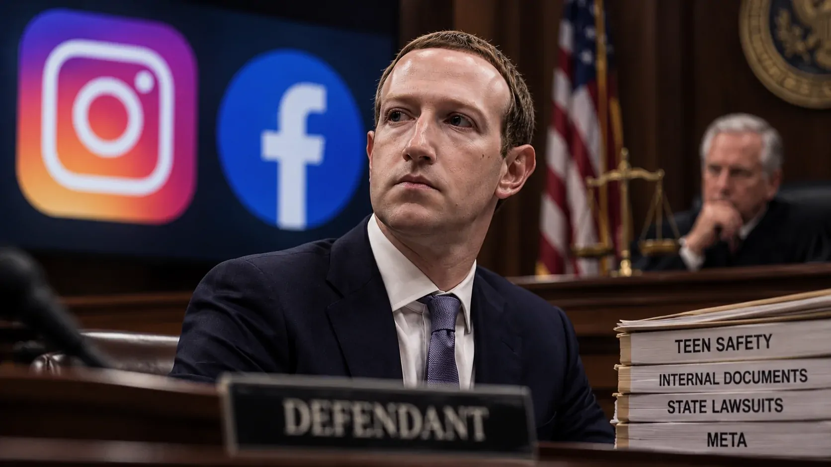 Mark Zuckerberg diante de representações do Instagram e Facebook durante julgamento sobre segurança de adolescentes