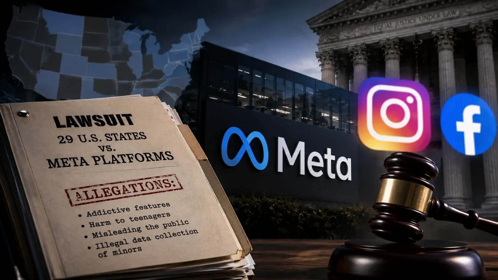 Representação da disputa judicial da Meta envolvendo penalidades bilionárias e proteção de adolescentes