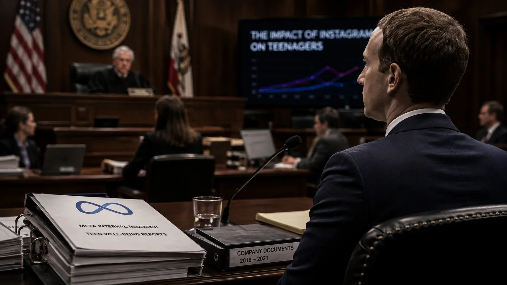 Mark Zuckerberg e executivos da Meta diante do tribunal durante a disputa sobre segurança de adolescentes