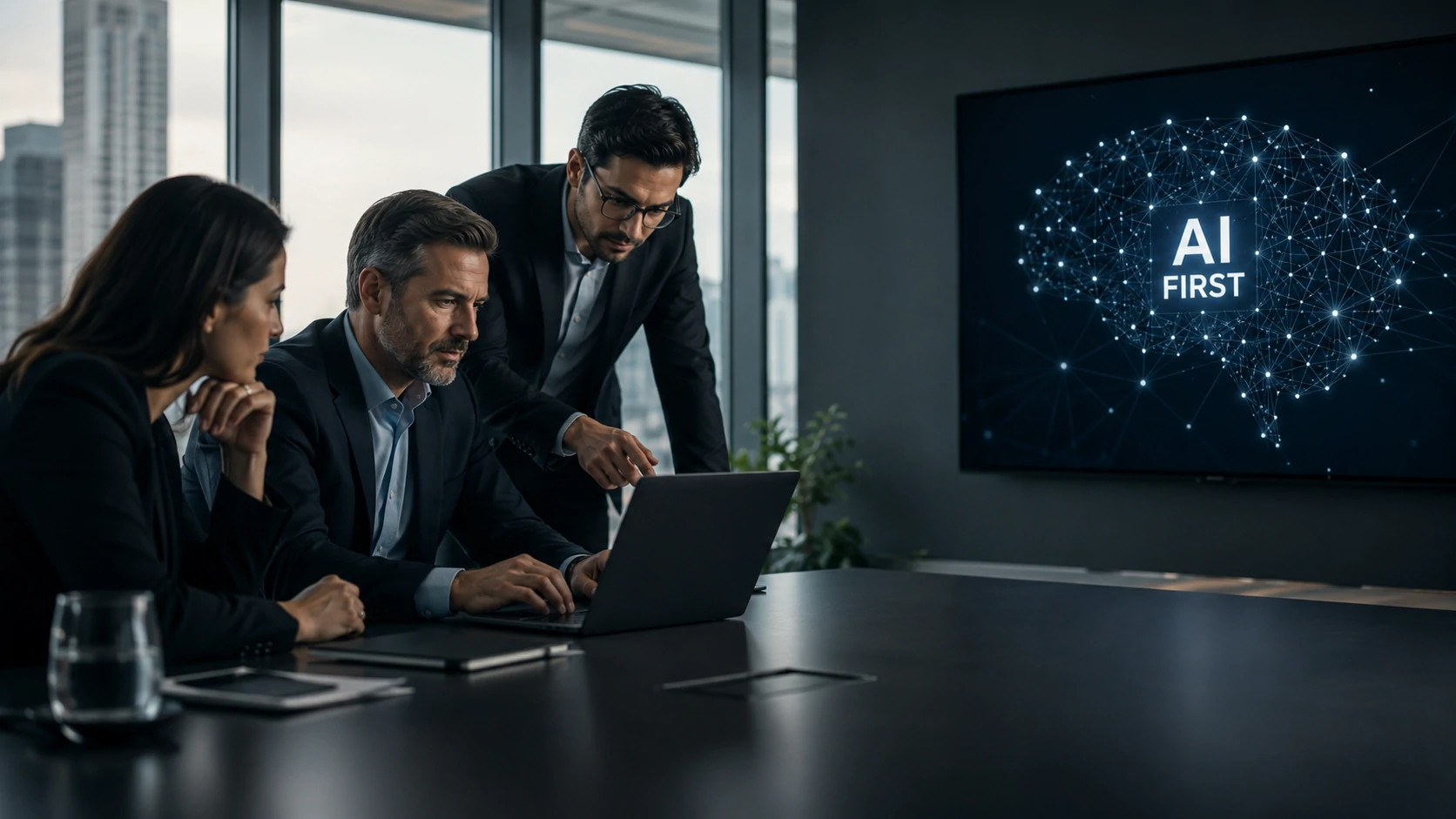 Executives analyzing an AI First strategy in a corporate environment