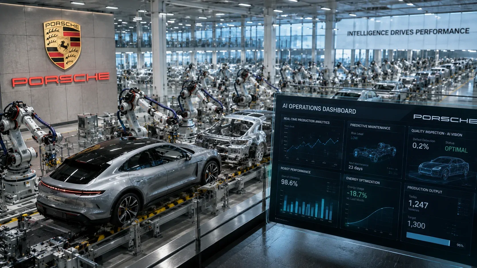 Linha de produção automotiva com inteligência artificial integrada às operações da Porsche