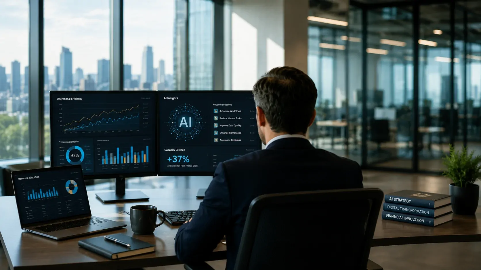 Professionals in a financial operation analyzing data and making decisions while AI systems automate tasks around them