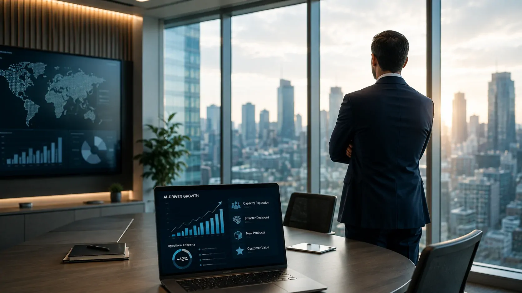 An executive observing a business operation integrated with artificial intelligence, with human teams and digital systems working together