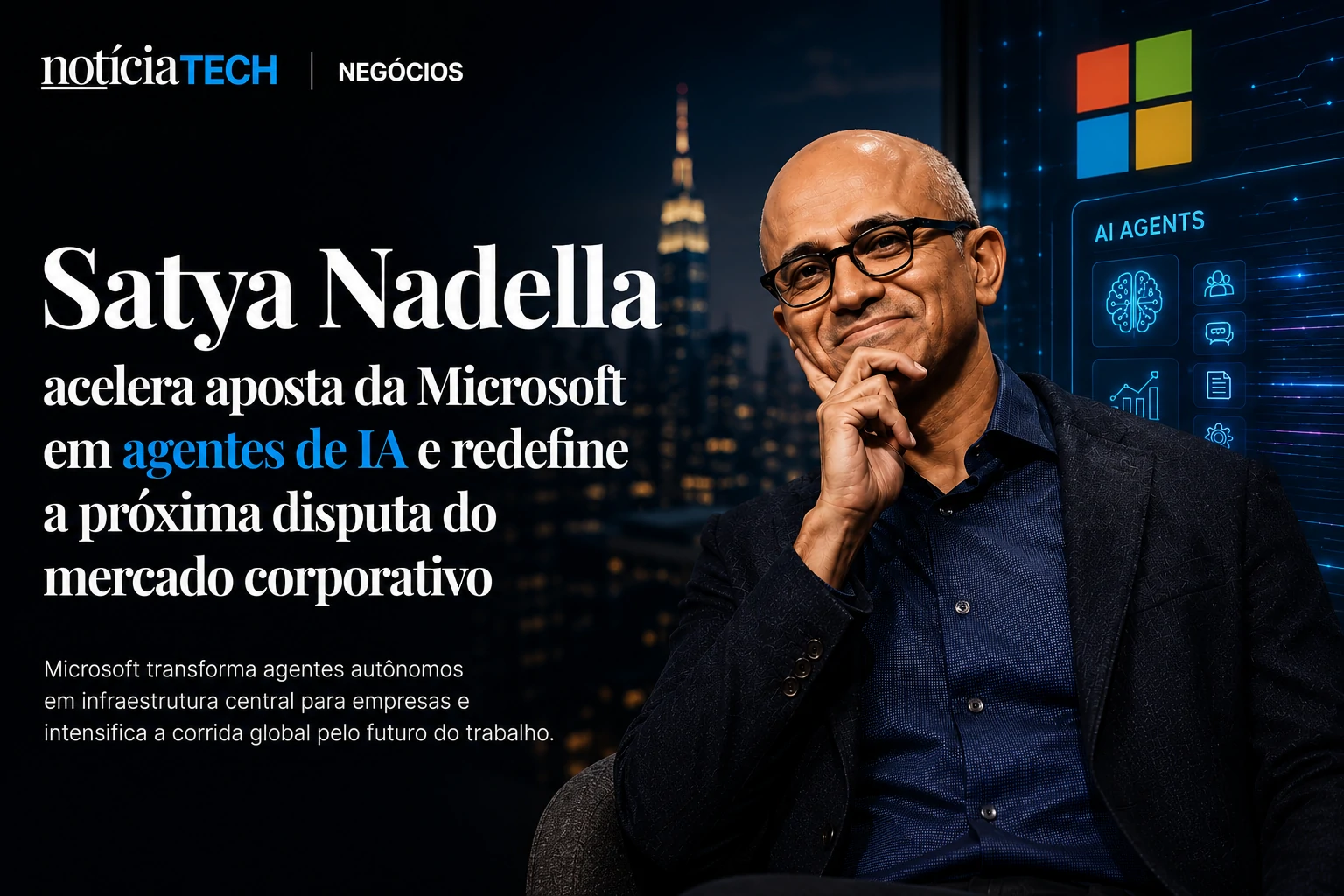 Satya Nadella em palco corporativo com interface futurista de agentes de inteligência artificial