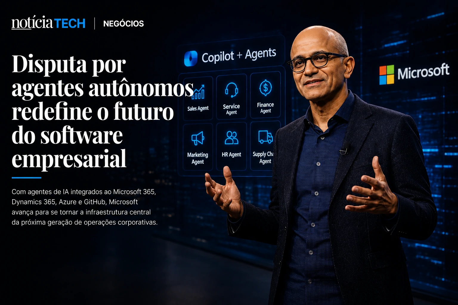Satya Nadella durante apresentação sobre inteligência artificial corporativa