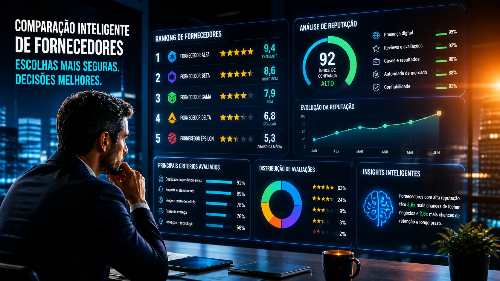 Executivos analisando fornecedores com IA