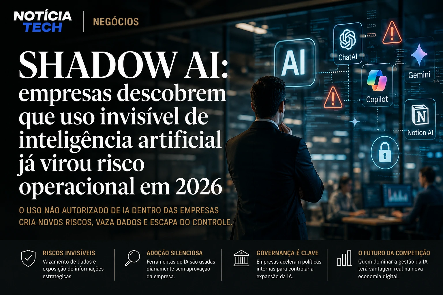 Executivos analisando o crescimento invisível da Shadow AI dentro das empresas