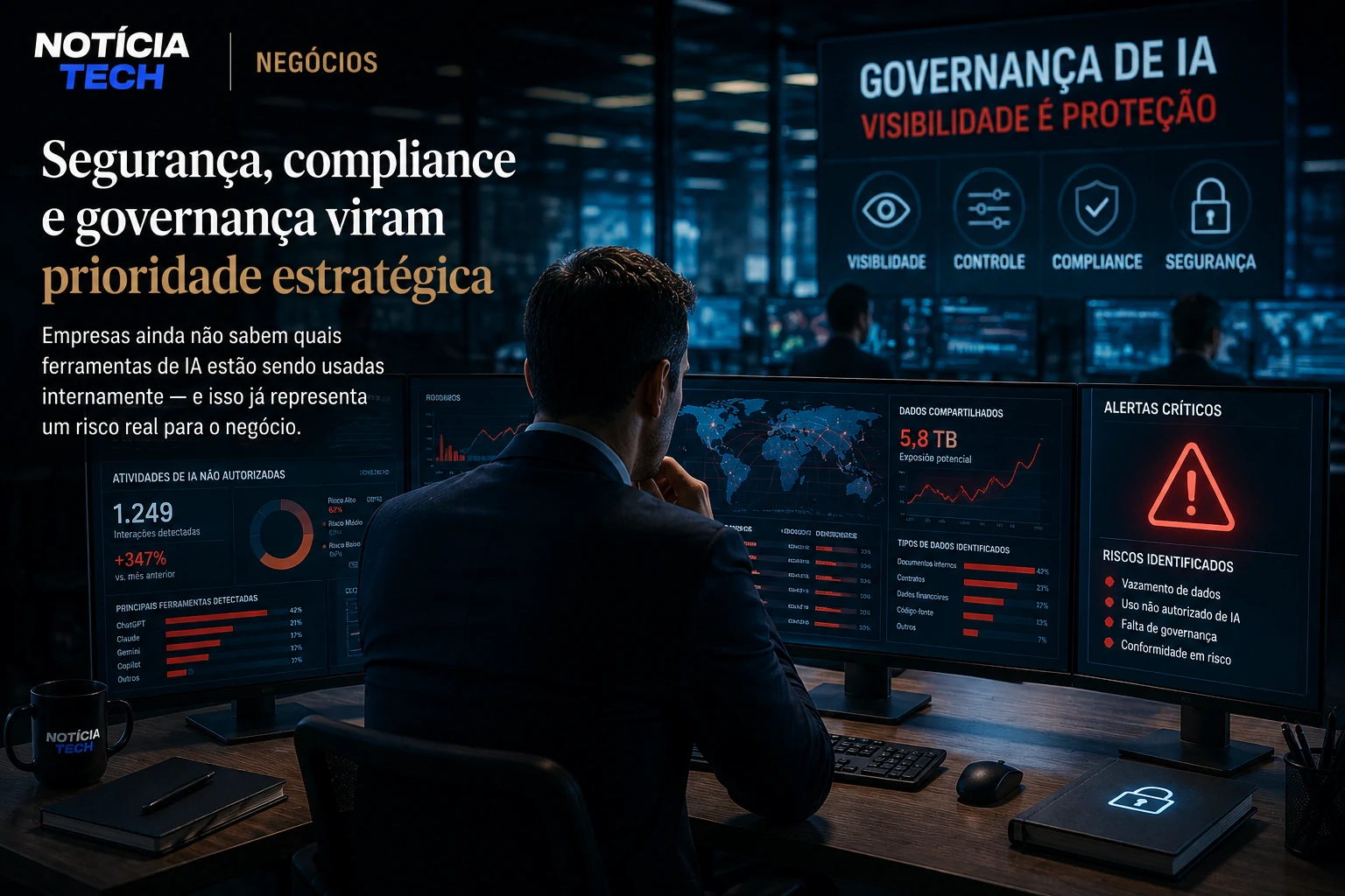 Centro corporativo de segurança monitorando fluxos de inteligência artificial dentro da empresa