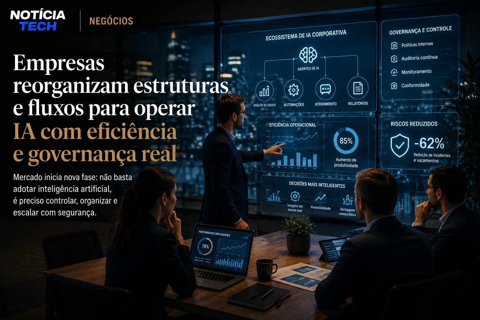 Executivos discutindo estratégias de governança e produtividade com inteligência artificial