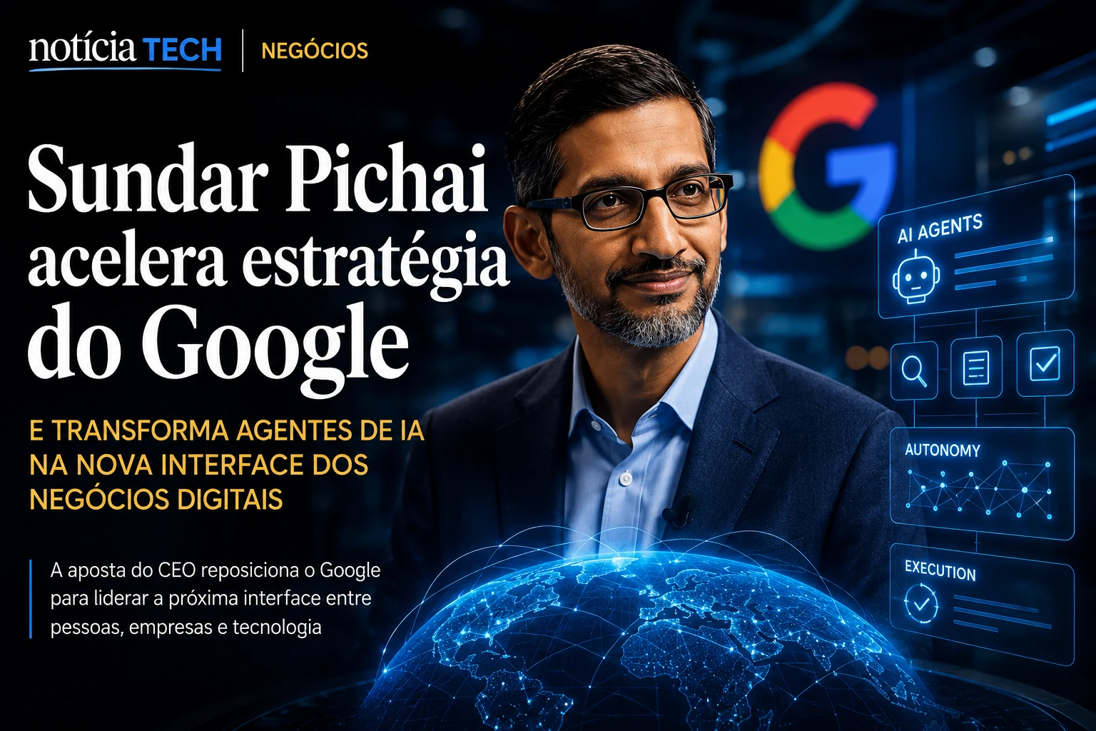 Sundar Pichai liderando a nova estratégia de agentes de IA do Google
