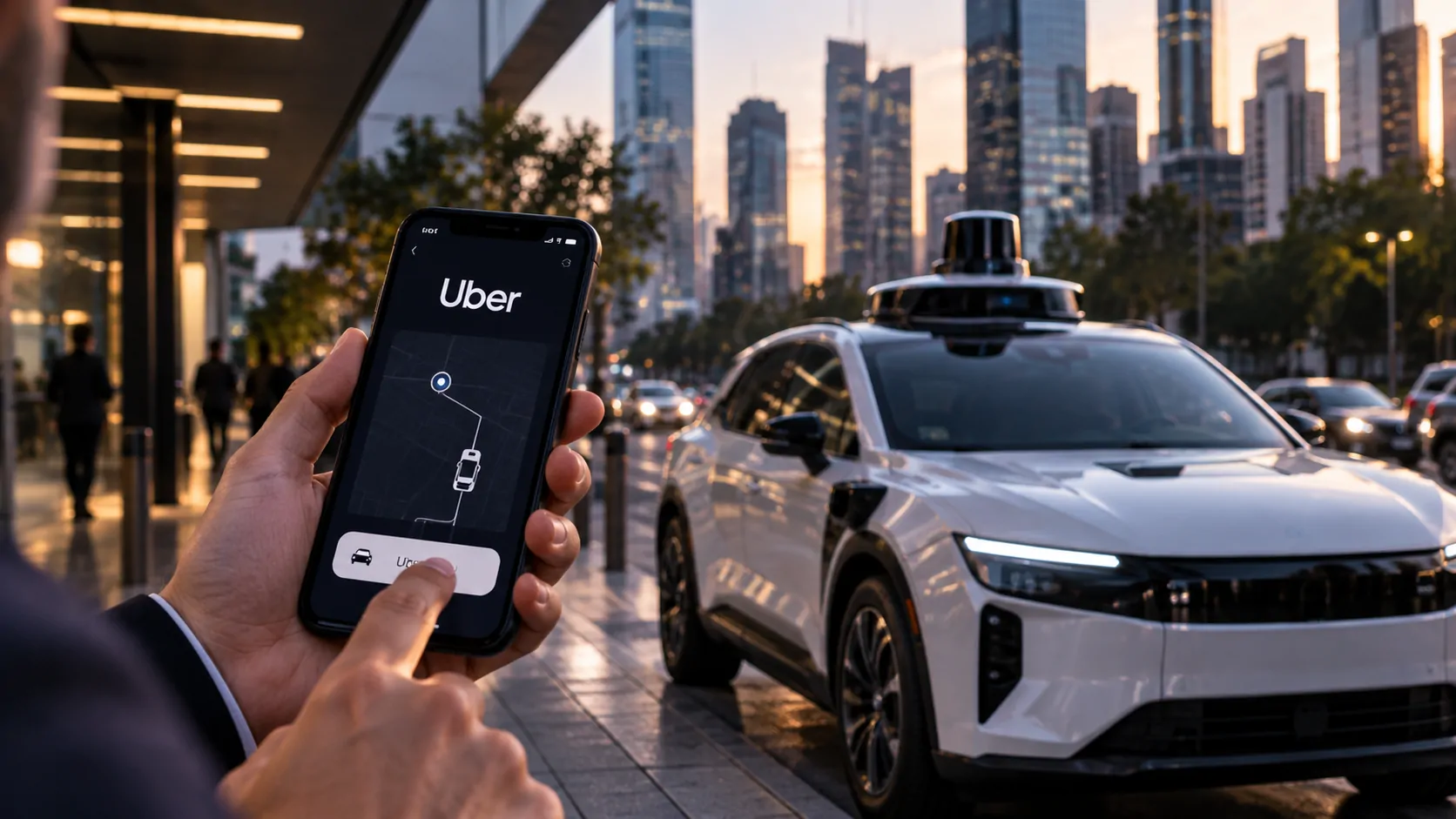 Representation of an autonomous robotaxi integrated with a ride-hailing platform